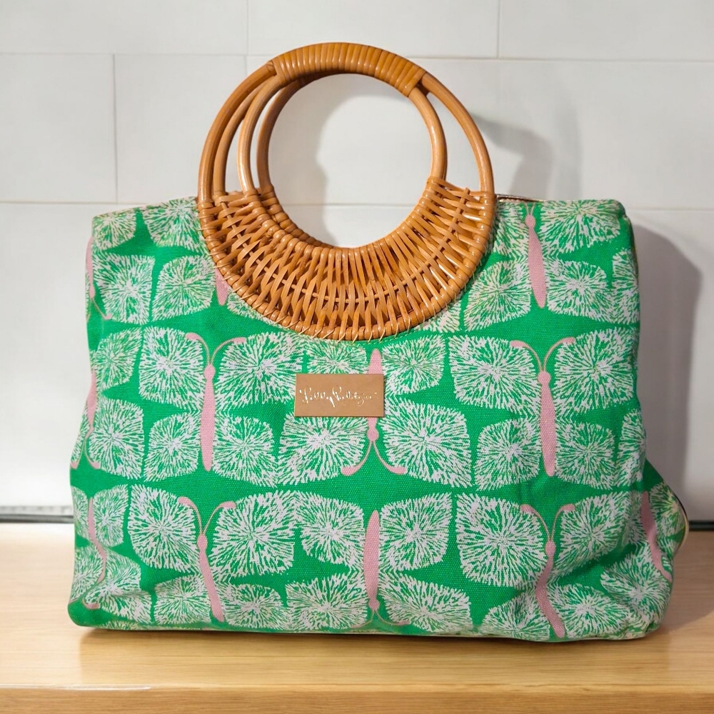 Lily Pulitzer Butterfly Bag with Circular Bamboo Handles